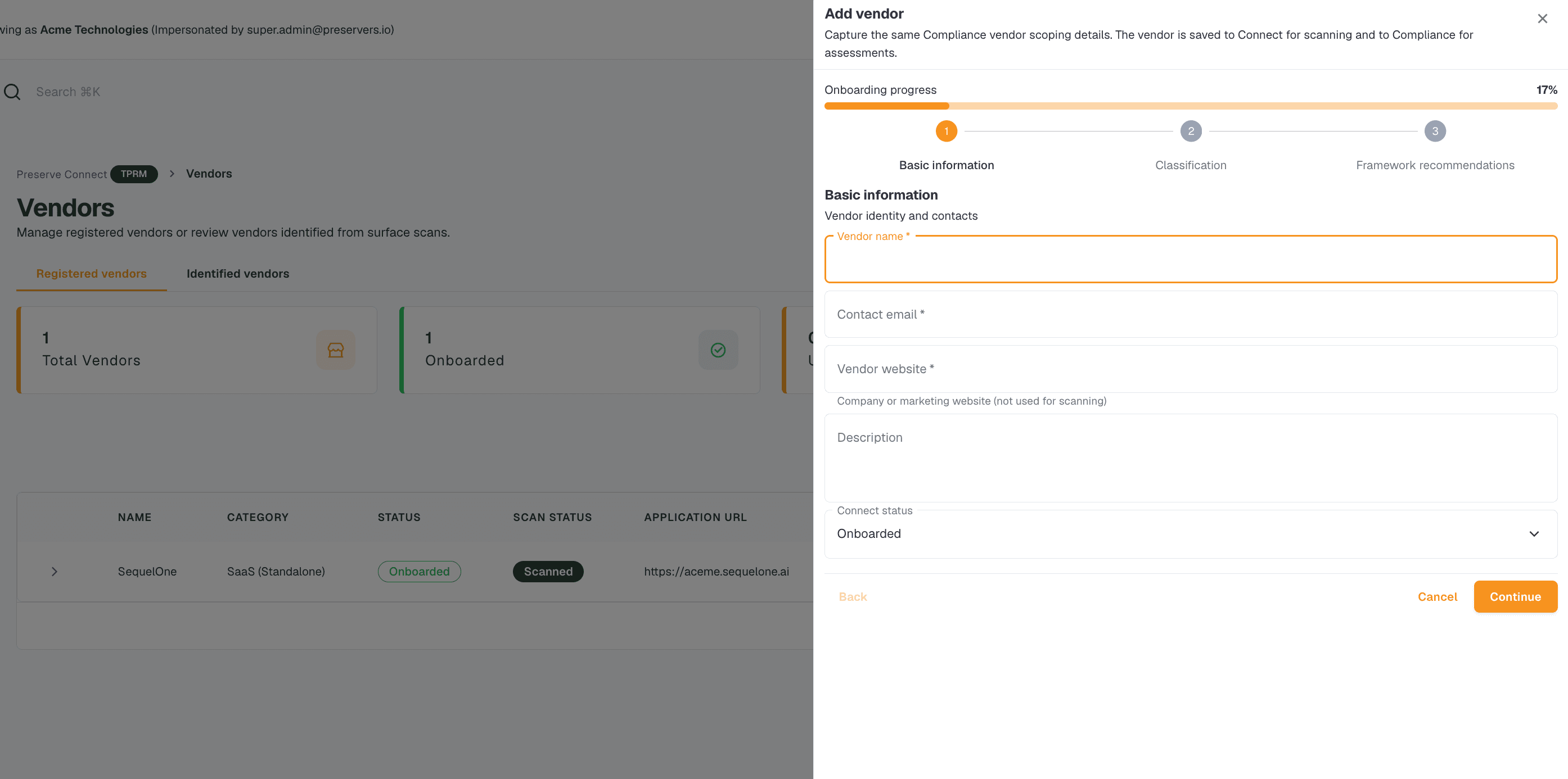 Preserve Connect vendor onboarding with classification for the right risk assessment